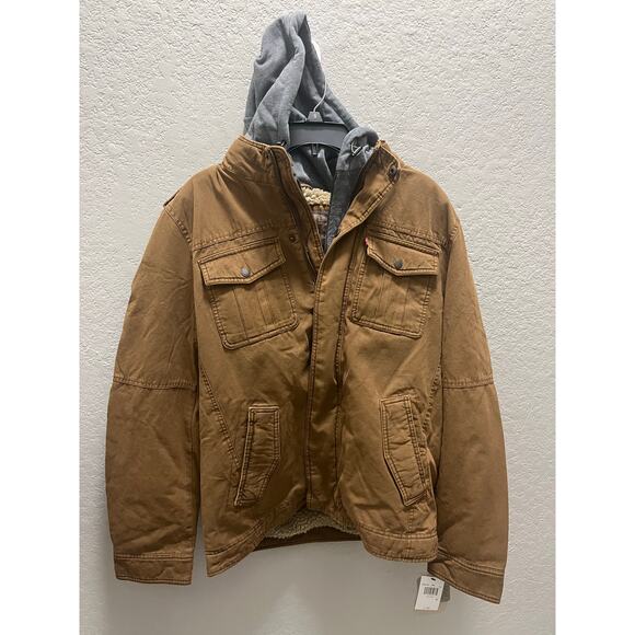 LEVI’S Sherpa Men M Trucker Brown Military Jacket Removable Hood - Picture 1 of 11
